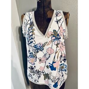 Halogen Floral Sleeveless Top Fringed V-Neck Blouse White Pink Blue - M